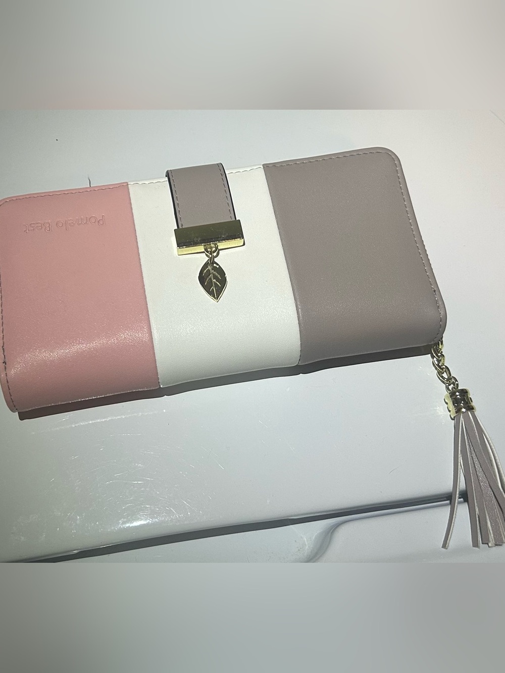 Pomelo Pink White Taupe Block-Panel Wallet with Leaf Charm